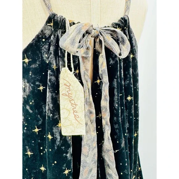NWT Blk Velvet Metallic Gold Star Print‎ Halter Dress Fairy Grunge Whimsy Goth S - Picture 4 of 9